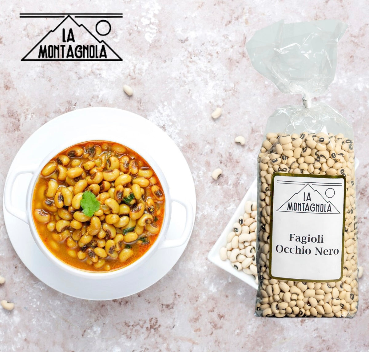 Fagioli occhio nero cucinati con sugo e sacchetto di fagioli crudi